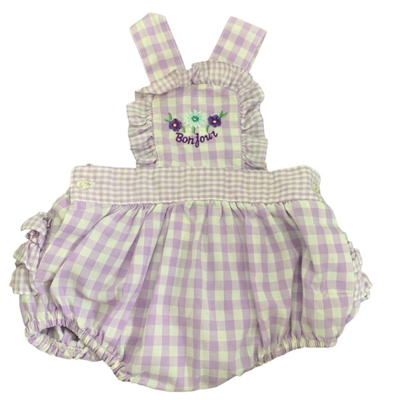 Vintage Baby Ruffle Bottom Romper Purple Gingham Sunsuit Floral Bon Jour - Picture 3 of 14